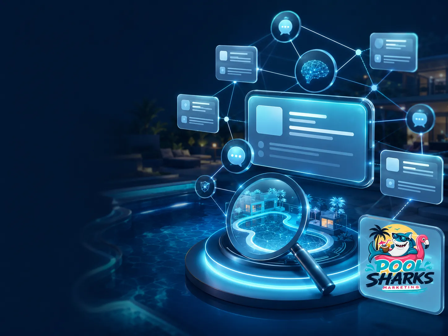 AI search visibility graphic for pool companies across answer engines and AI Overviews
