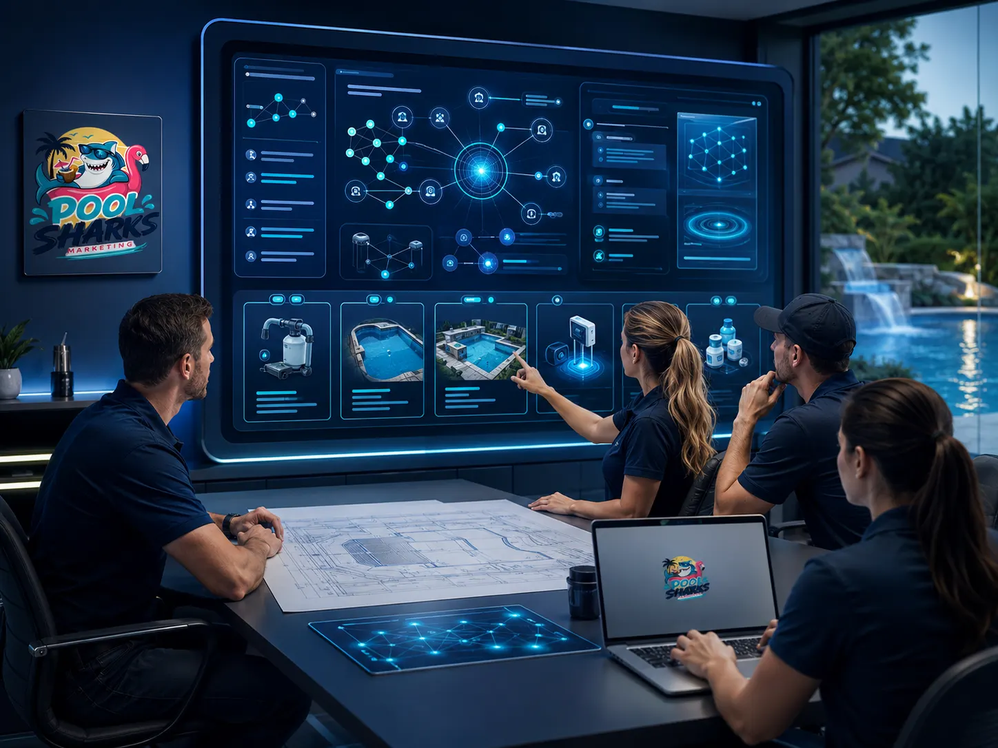 AI SEO strategy workspace showing entity mapping and AI visibility for pool businesses