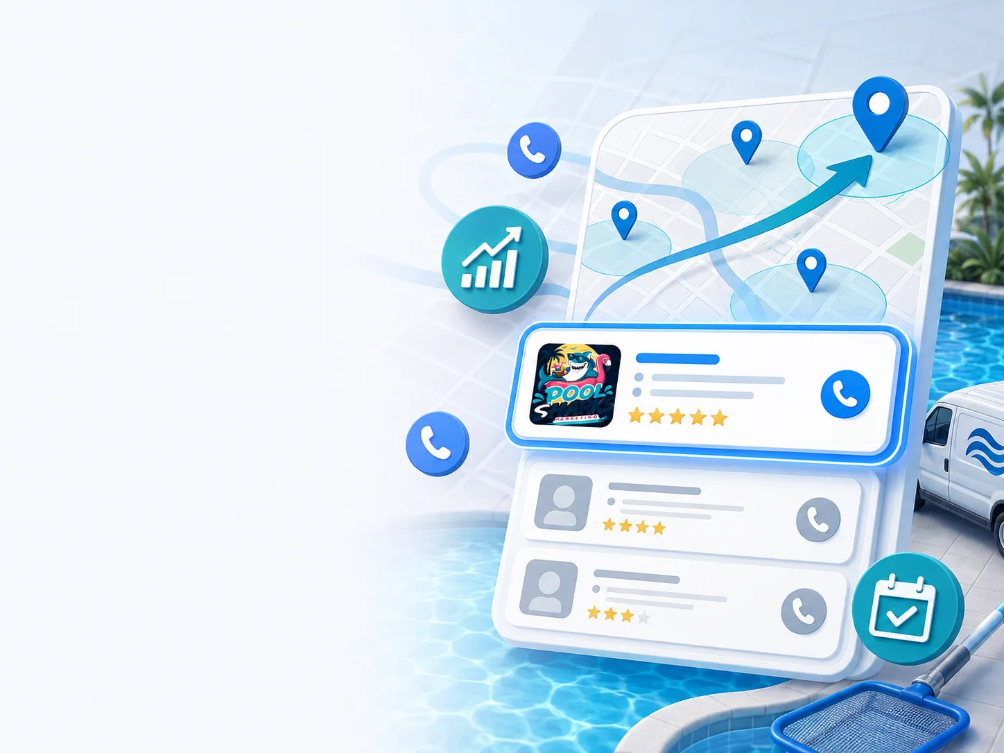 Google Maps style visibility graphic for pool companies ranking in local search