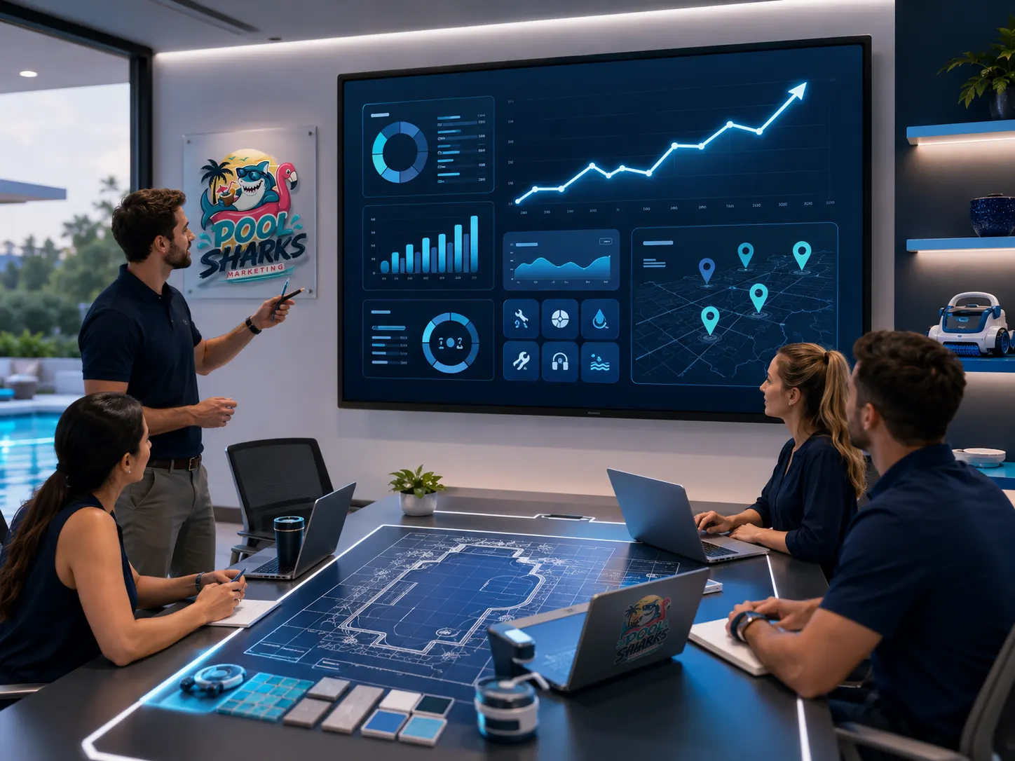 SEO strategy team planning organic search growth for pool businesses