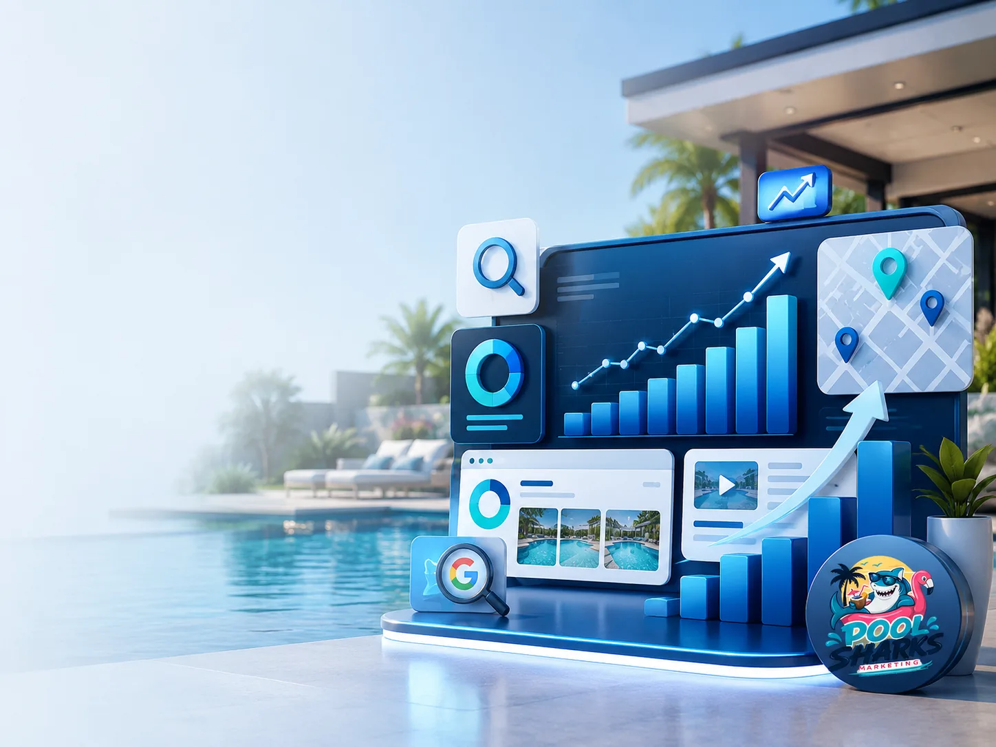 SEO growth dashboard showing organic rankings and local visibility for pool companies