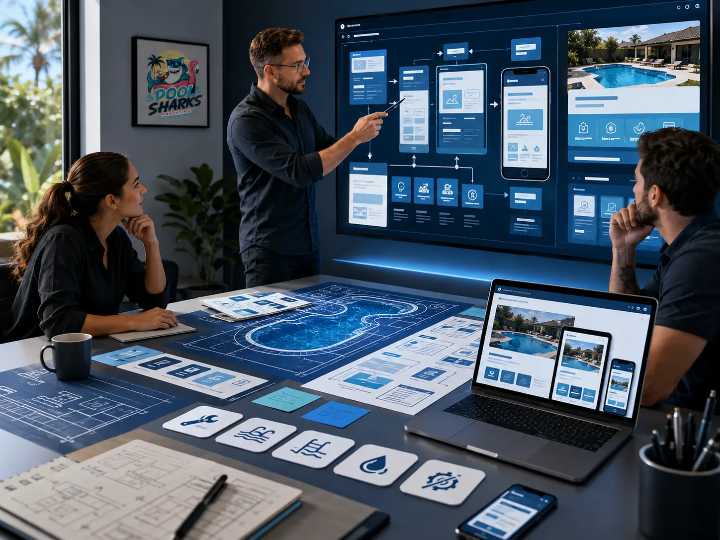 Website strategy planning scene for pool businesses with wireframes and conversion paths